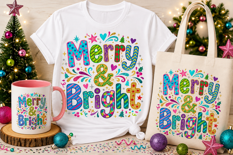 Merry & Bright Christmas PNG | Colorful Holiday Typography