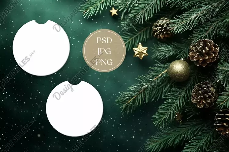 Christmas Car Coaster Mock Up, Christmas Flat Lay Mockup