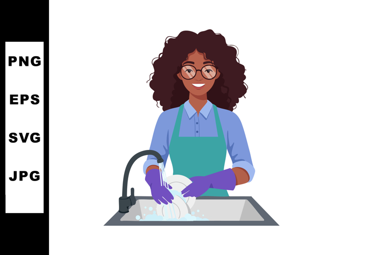 Woman washing dishes at sink wearing apron and gloves smilin