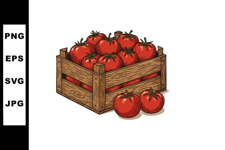 Fresh red tomatoes in wooden crate vector illustration for n
