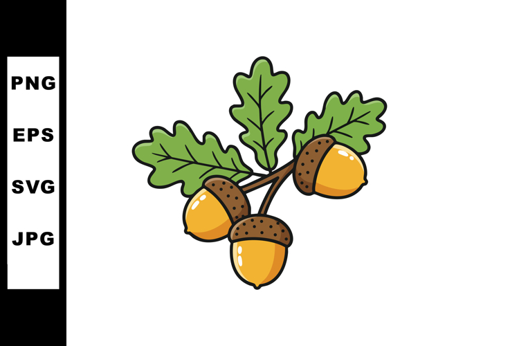 Acorns with green oak leaves vector illustration in natural