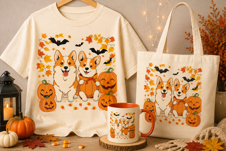 Halloween Corgi PNG | Cute Pumpkin Costume Dogs & Bats example image 1