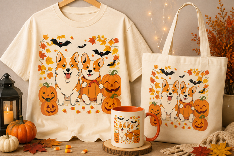 Halloween Corgi PNG | Cute Pumpkin Costume Dogs & Bats