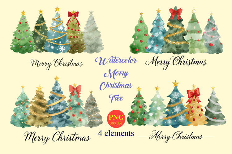 Watercolor Christmas Tree Clipart MEGA Bundle | 4 Set PNG