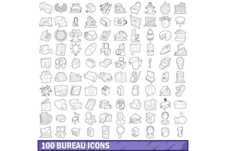 100 bureau icons set, outline style
