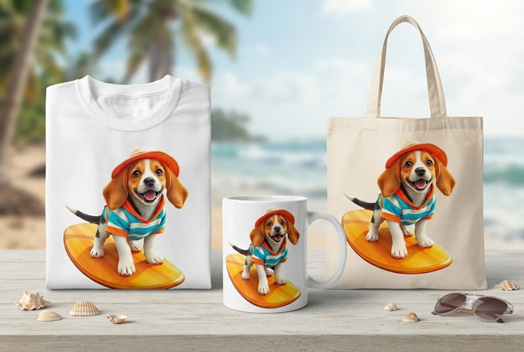 Cute Surfing Beagle Dog PNG Summer Beach Clipart Design