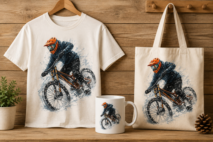 Downhill Mountain Biker Winter Snow Action Sports Art Print