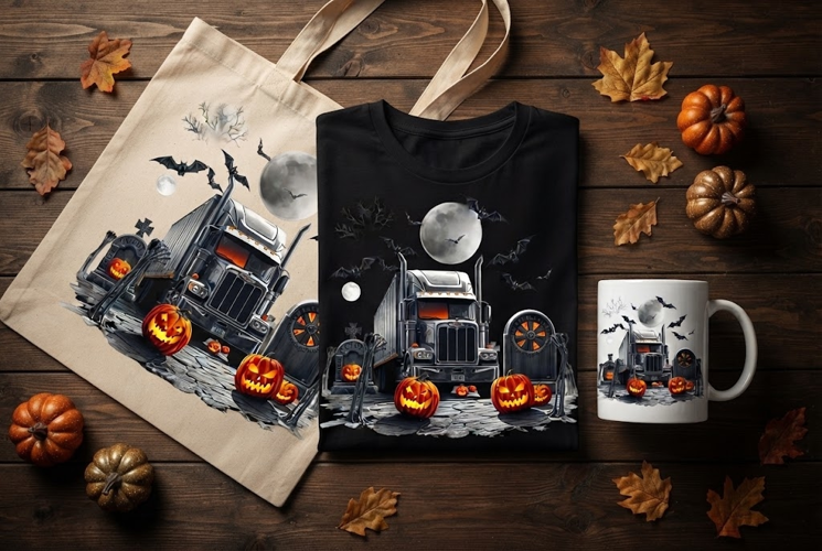 Semi Truck Graveyard Halloween Design with Bats and Pumpkins