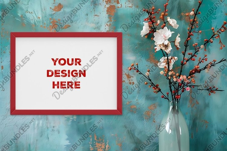 Frame mockup on grunge industrial wall with vase and flowers example image 1