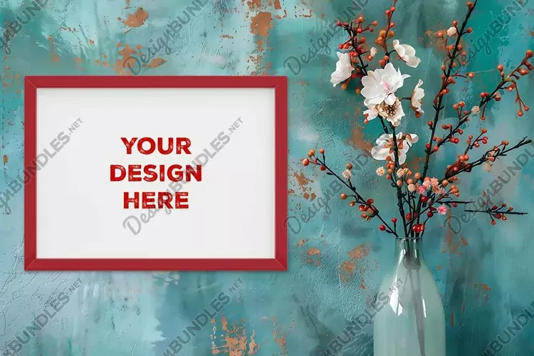 Frame mockup on grunge industrial wall with vase and flowers