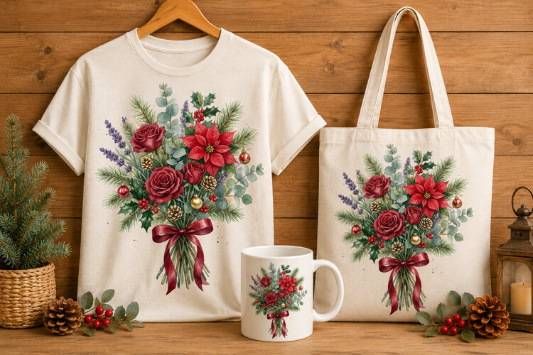 Festive Christmas Floral Bouquet Watercolor Art Print example image 1