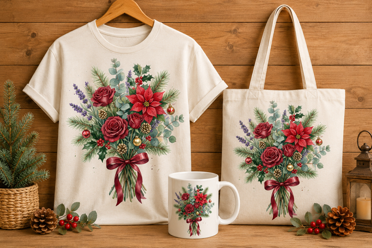 Festive Christmas Floral Bouquet Watercolor Art Print