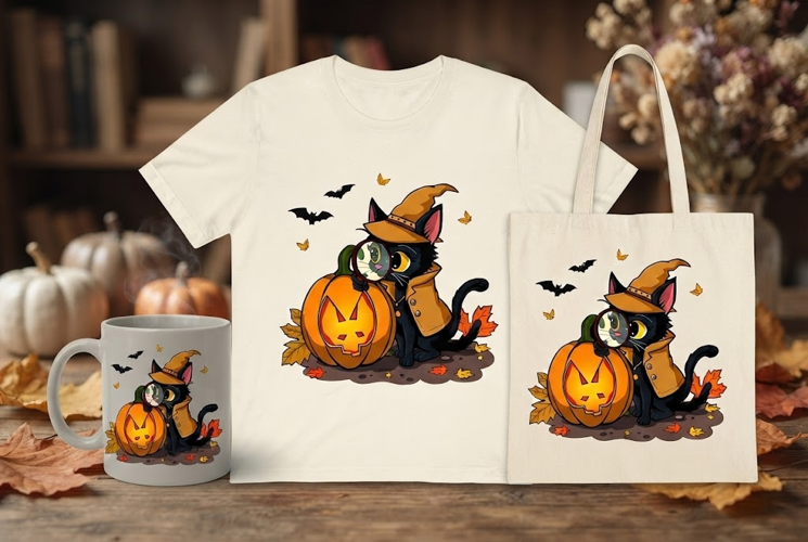 Halloween Black Cat Detective PNG | Pumpkin Witch Cat Clipar