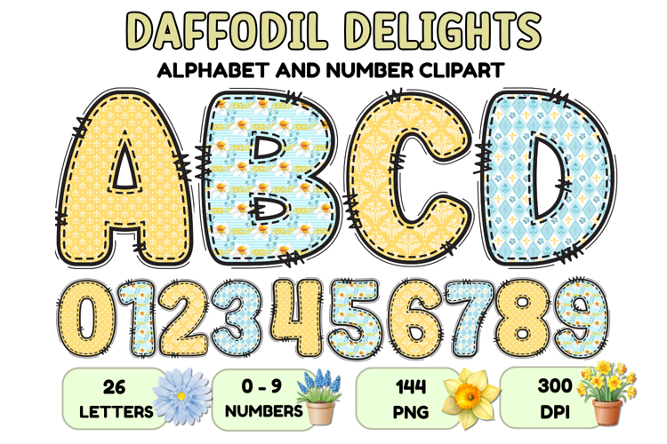 Daffodil Floral Patchwork Alphabet PNG Clipart 300 DPI