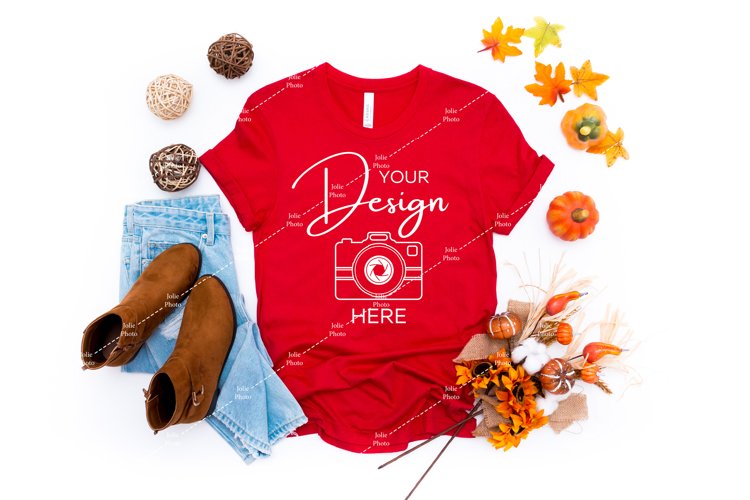 Bella Canvas 3001 Mockup Red T-shirt Mockup Fall example image 1