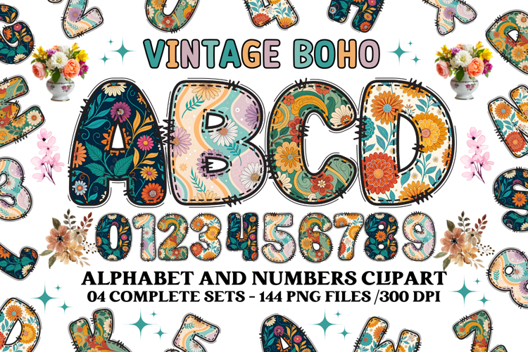 Vintage Boho Alphabet png clipart, boho letters doodle