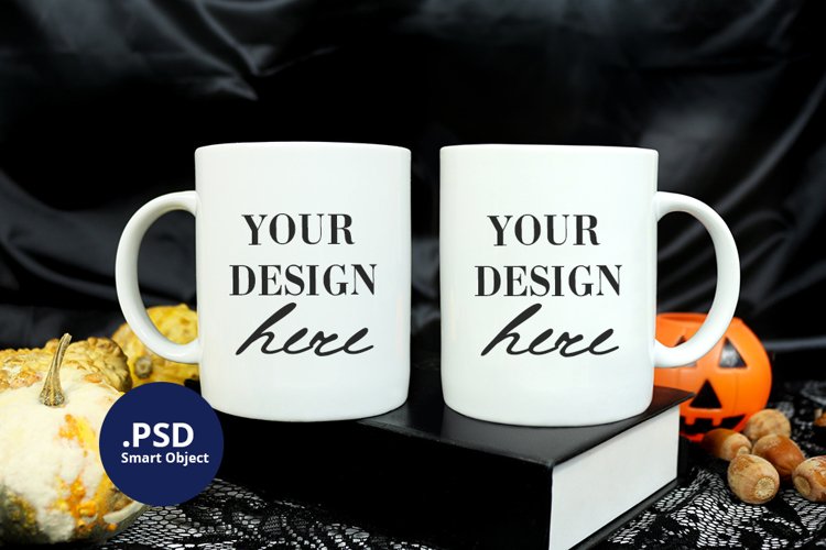 Halloween 2 white mugs mockup, Two coffee mugs mockup PSD