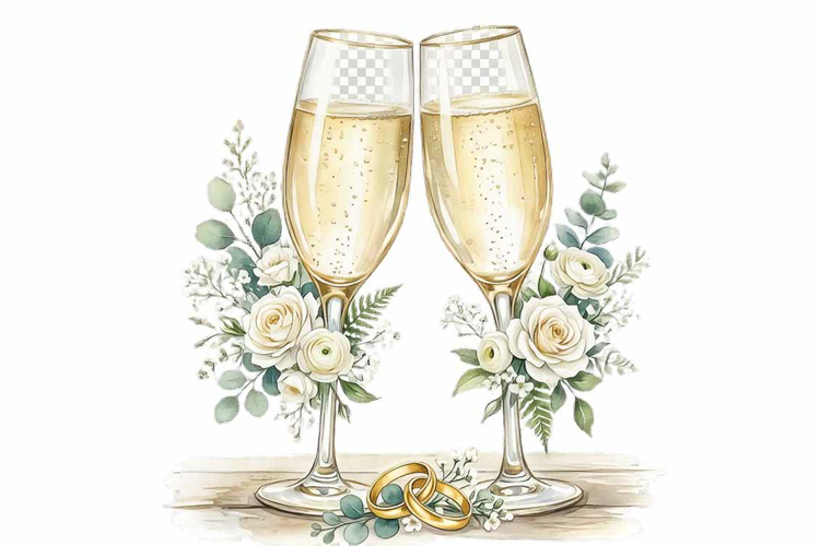 Wedding champagne glasses gold ring Clipart