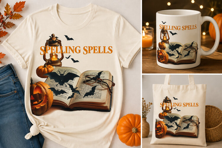 Spelling Spells Halloween PNG | Witchy Book and Bats Clipart example image 1