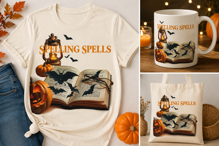 Spelling Spells Halloween PNG | Witchy Book and Bats Clipart