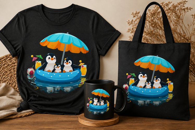 Cute Penguin Family Summer Pool PNG Beach Vacation Clipart