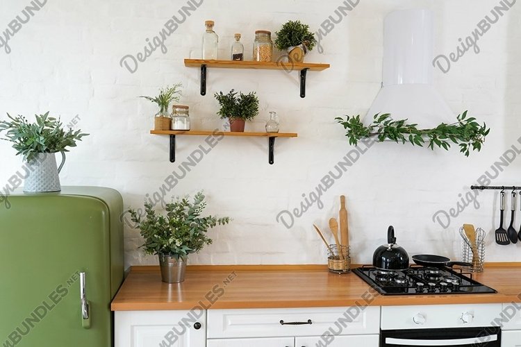 white kitchen interior with furniture, shelves