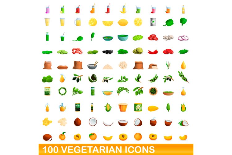 100 vegetarian icons set, cartoon style
