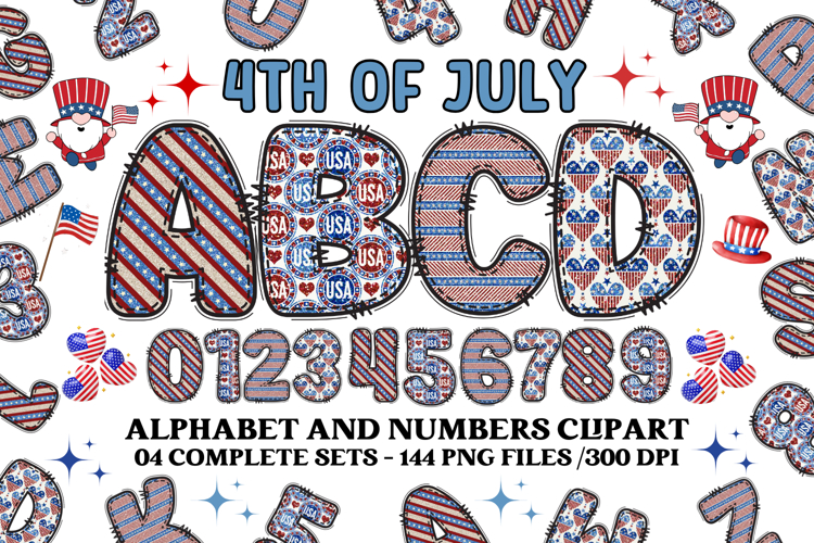 4th July Alphabet png clipart, independence letters doodle