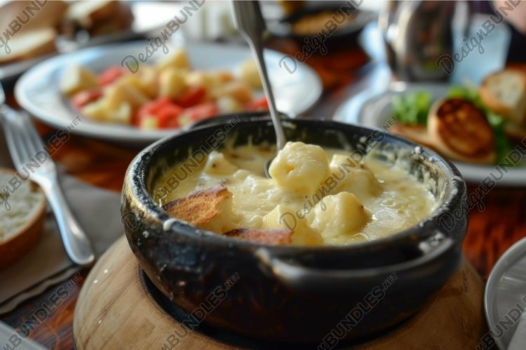 Dipper Example Traditional swiss cheese fondue with assorted dippers