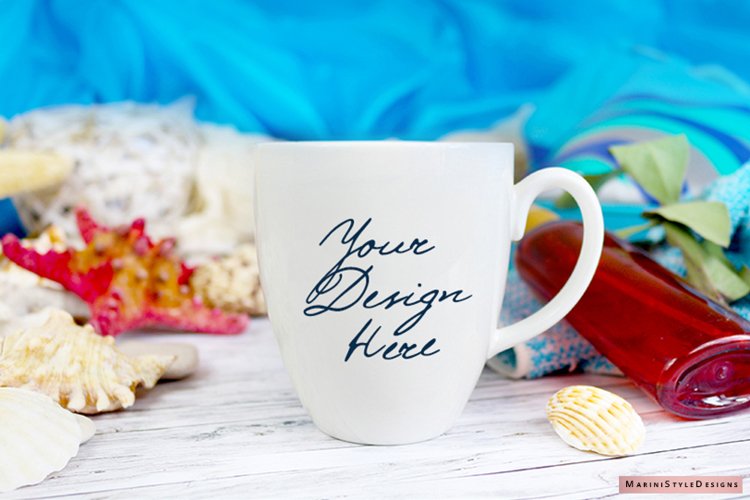 Summer Bistro Mug Mockup, Beach Style White Mug Mockup, 950 example image 1