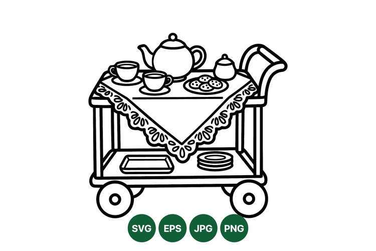 Vintage Tea Cart Illustration For Kitchen Decor