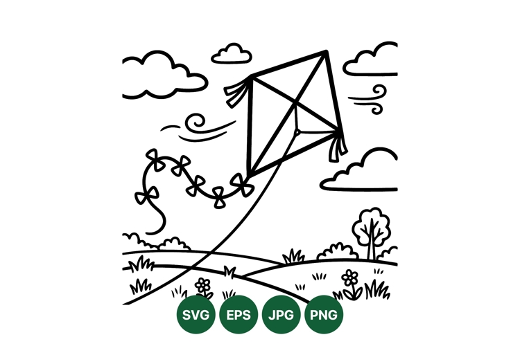 Hand Drawn Flying Kite Line Art Illustration