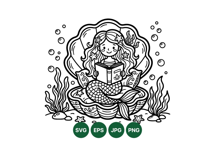 Hand Drawn Mermaid Reading Underwater Clipart