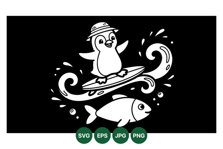 Hand Drawn Penguin Surfing Vector Illustration