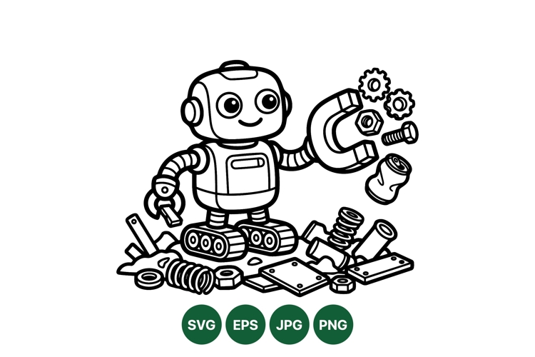 Hand Drawn Robot Holding Magnet With Mechanical Parts
