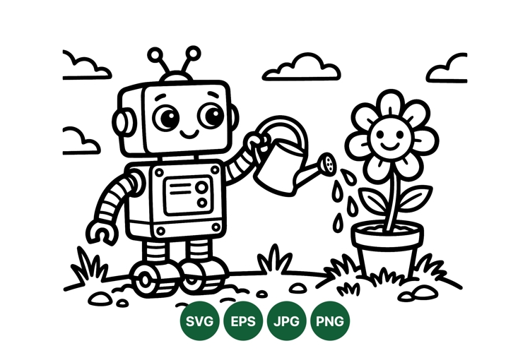 Hand Drawn Robot Watering Flower Illustration File