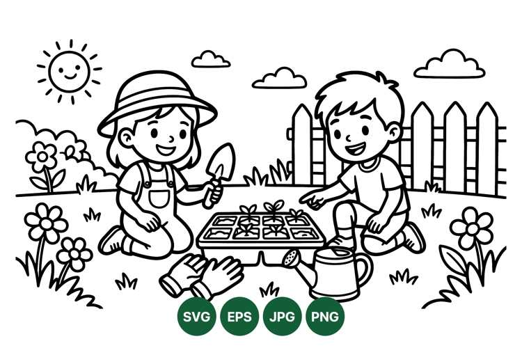 Black And White Kids Gardening Coloring Illustration