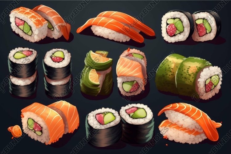 Colorful Sushi roll set plate. Generate Ai