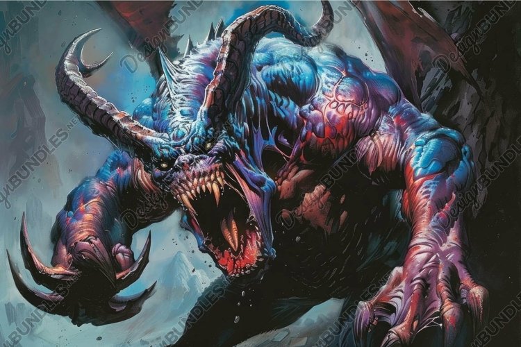 Digital artwork of a fierce creature with horns and sharp cl example image 1
