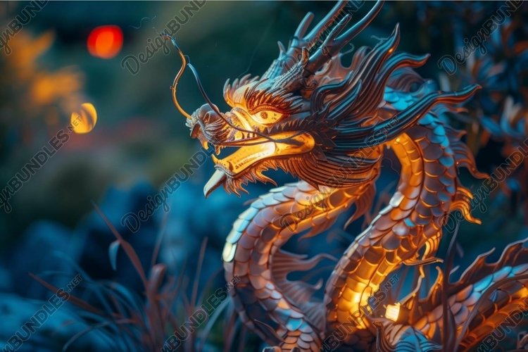 Mythical dragon statue at dusk