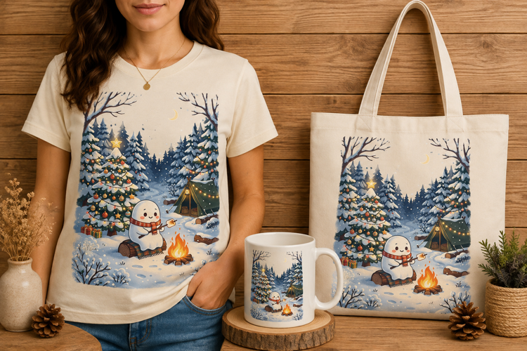 Cute Ghost Roasting Marshmallow Winter Christmas Art