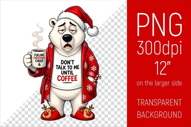 Funny Morning Coffee White Bear in Santa Hat example image 1