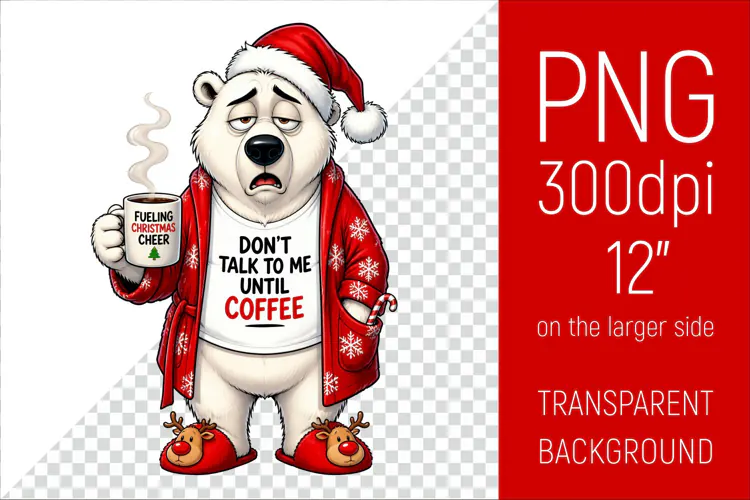 Funny Morning Coffee White Bear in Santa Hat