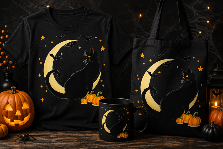 Halloween Black Cat PNG | Moon, Bats & Pumpkin Clipart
