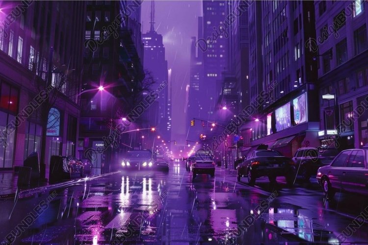 Purple rain falling on busy city street at night example image 1
