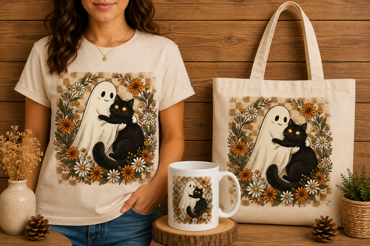 Vintage Ghost Hugging Black Cat Daisy Checkered Design