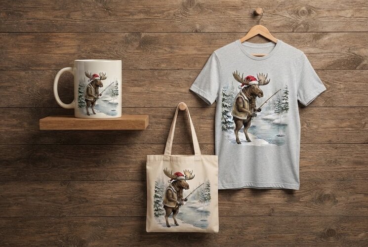 Moose Ice Fishing in Winter Christmas Art example image 1
