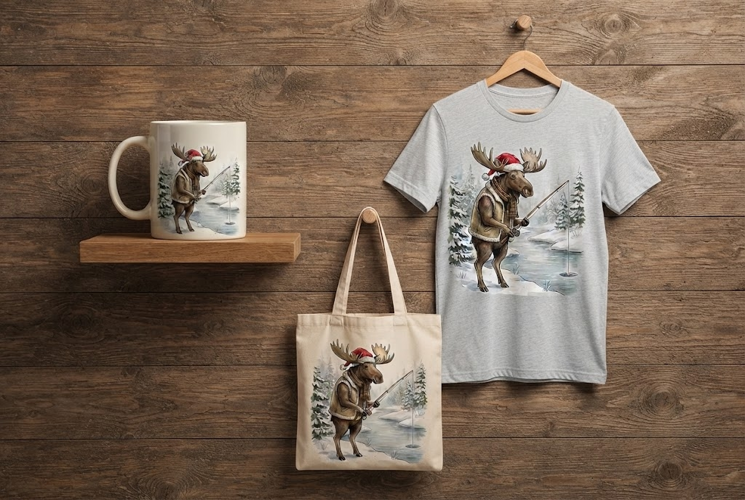 Moose Ice Fishing in Winter Christmas Art