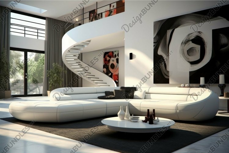 Modern living room interior with white curved sofa