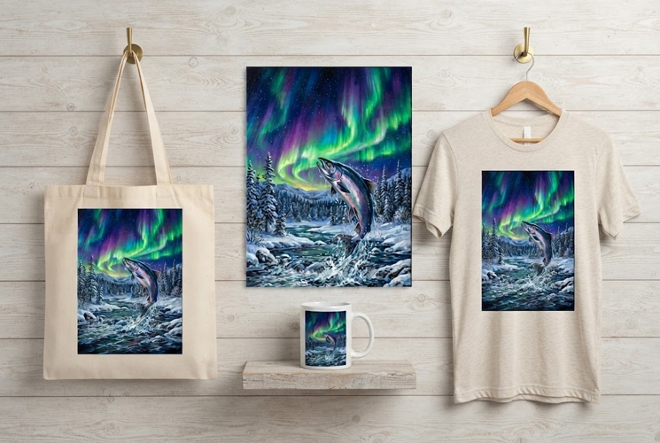 Salmon Jumping Under Northern Lights Winter Art